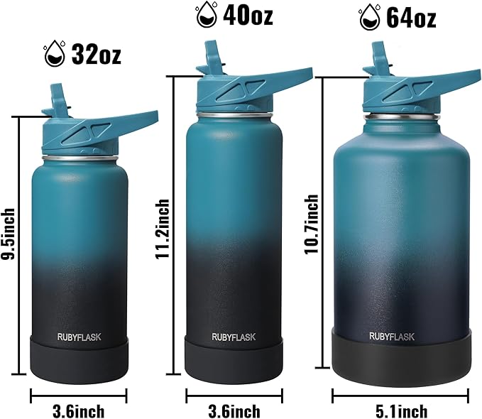 40oz Insulated Water Bottle with Straw, Stainless Steel Metal Vacuum Water Flask, Large Thermal Water bottle with Leakproof 3 Lids for Travel, Camping, Gym Sports Dark Rainbow