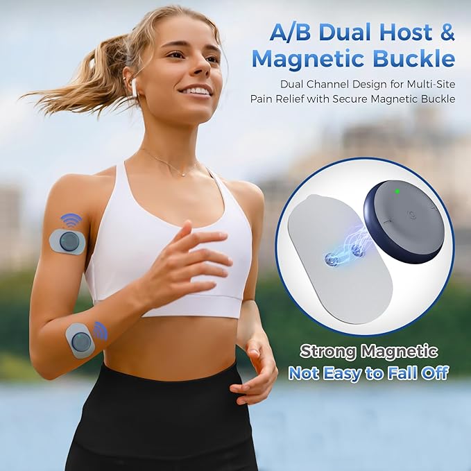 KingPavonini Wireless TENS Unit, Muscle Stimulator for Pain Relief, Portable Rechargable TENS EMS Machine, LED Screen, Remote, Dual Channel 6 Modes 16 Intensity Massager, Charging Case (4 Pads)