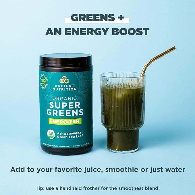 Organic SuperGreens Energizer Powder with Probiotics and B12 by Ancient Nutrition, Made from Real Fruits, Vegetables and Herbs, for Digestive, Detoxification and Energy Support, 25 Servings
