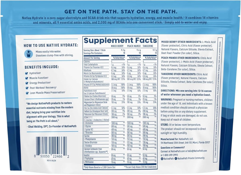 NativePath Native Hydrate Stick Packs with Electrolytes and Amino Acids, Variety Pack, Mixed Berry, Peach Mango, Tangerine, 30 Servings
