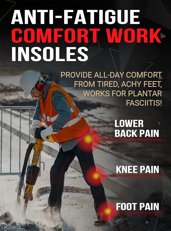 Work Pro Comfort Insoles - Shock Absorption - Low Arch - Cushioning Anti Fatigue Shoe Insert Men Women - Non-Slip - Soft Comfortable Work Boot Insoles - Foot Pain Relief (L, Black)