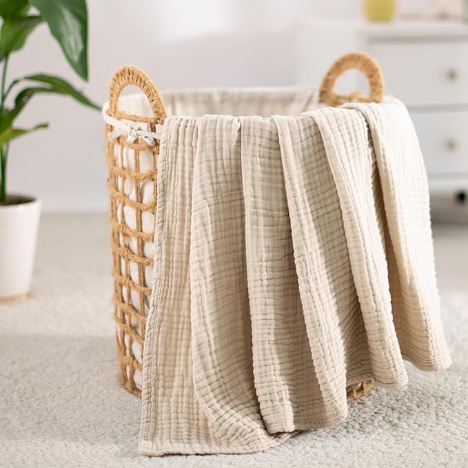 Carriediosa 100% Cotton Muslin Throw Blanket 90" X 90" Queen Size，4-Layers Summer Gauze Throws for Bed Couch，Soft Lightweight Breathable Linen Blankets Bedspread for Adults All Season，Khaki
