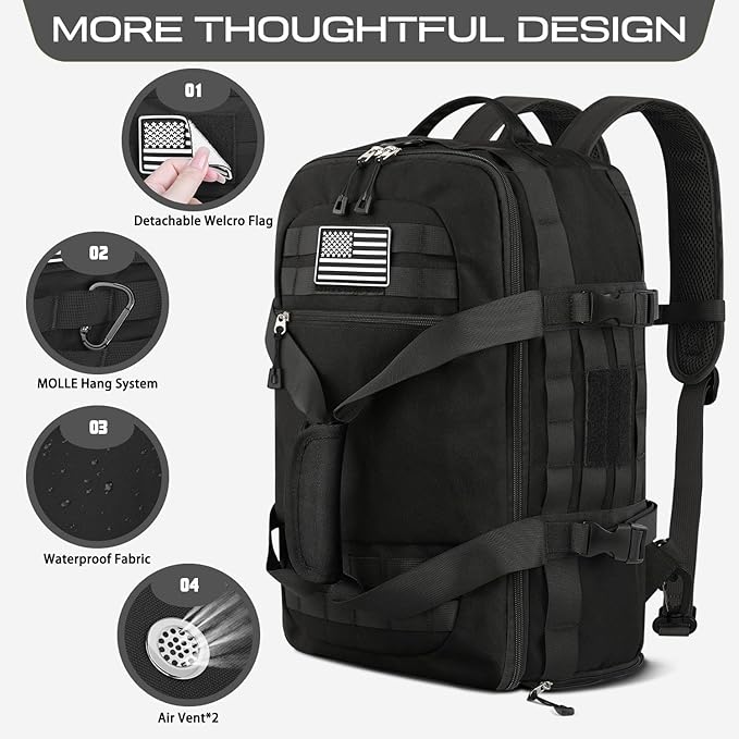 ETRONIK Gym Bags for Men Women, Tactical Duffle Bag Backpack with Shoe Compartment, 3 in 1 Carry on Travel Backpack with Wet Pocket, Weekender Overnight Range Bag for Workout Football Gym, Black
