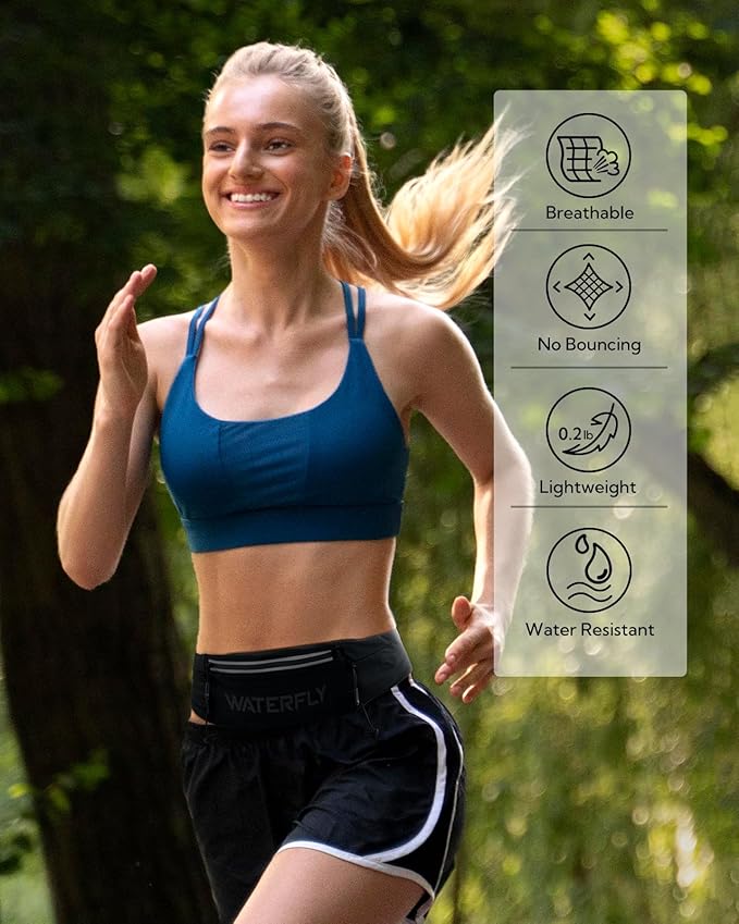 WATERFLY Running Belt Fanny Pack: Breathable 3 Pocket Waist Bag for Men Women Workout Exercise Fitness Phone Holder Fits ALL Phones - Runner Marathon Jogging Race Belt With Bib Clip Black