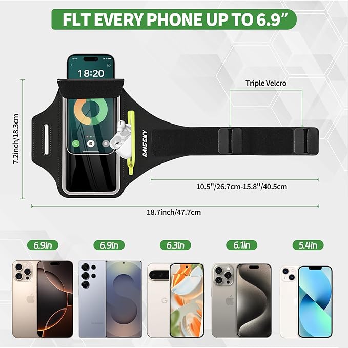 Running Armband with Earphone Bag for iPhone 16/15/14 Max/Pro/Plus & Galaxy S20/S10, Touchscreen Compatible, Phone Holder for Running with Card Slot & Key Pockets, Fit Up to 6.9 Phone