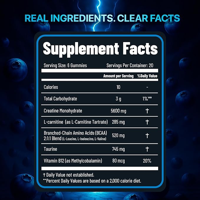 Creatine Monohydrate Gummies 8500mg Complex for Men & Women - Pre Workout Creatine Chews for Muscle Growth, Strength & Energy, Sugar Free, Vegan, Blueberry Flavor - 120 Count
