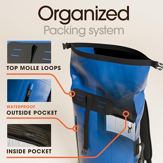 Earth Pak Waterproof Backpack - Heavy Duty Hiking Backpack - Roll-Top Closure - Waterproof Bag - Cushioned Dry Bags Waterproof w/ IPX8 Waterproof Phone Case - Wet Bag for Hiking, Kayak(Blue, 85L)