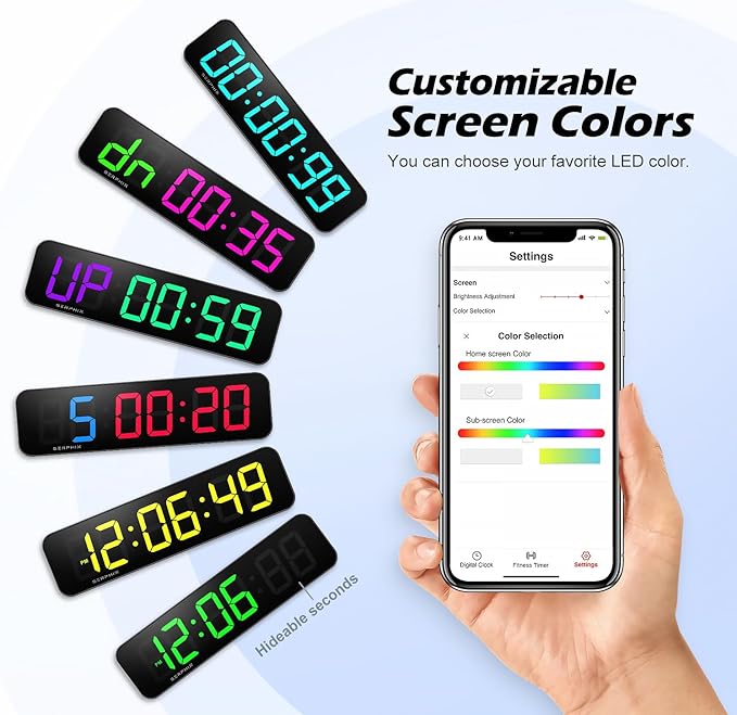 15.2" Gym Timer, App & Remote Control, Customizable LED Colors, Workout Interval Timer Stopwatch Countdown Large Digital Wall Clock for Home Gym