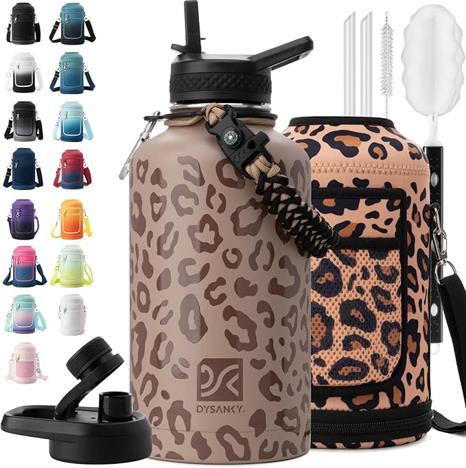 Insulated Water Bottle | Thickened Stainless Steel Vacuum Metal | Portable Sports Half Gallon Large Water Jug for Gym and Hiking with Straw, Carrier Bag, Handle Strap | BPA-Free 64 oz