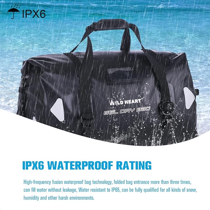 WILD HEART Waterproof Motorcycle Duffel Bag PVC500D Double-bottom With Rope Straps and Inner Pocket 40L 66L 100L for Kayaking, Camping, Boating,Motorcycle
