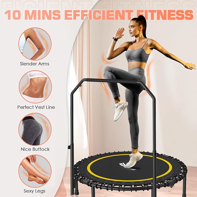 BCAN 40"/48" Rebounder Trampoline for Adult, 450/550LBS Fitness Trampoline with Bungees, Adjustable Handle, Stable & Quiet, Indoor Outdoor, Whole-Body Workout & Relaxation at Home for Women/Men