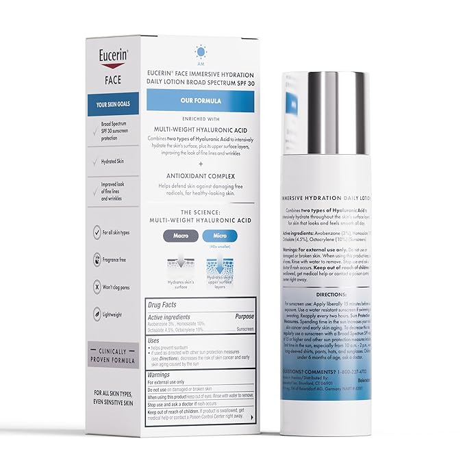 Eucerin Face Immersive Hydration Daily Face Lotion Broad Spectrum SPF 30 Sunscreen, Daily Moisturizer with Hyaluronic Acid Smooths Fine Lines and Wrinkles, 2.5 Fl Oz Bottle