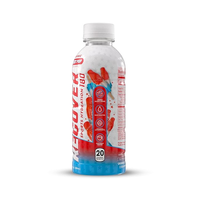RECOVER 180 Organic Sports Hydration Drink, No Sugar Added, 20 Calorie Sports Beverage, Organic Flavors With Vitamins, Potassium-Packed Electrolytes (16.9 Fl Oz (Pack of 12), Rocket Pop)