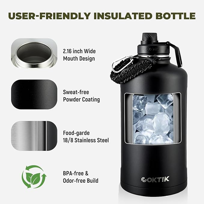 2 Pack 128 oz Insulated Water Bottle, Triple Wall Stainless Steel Flask, Keeps Drinks Cold for 48 Hrs Leak-Proof & BPA-Free Half Gallon Jug with Paracord Handle, Straw & Spout Lids(2 pack,Black)