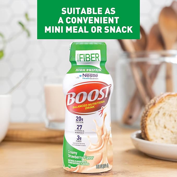 BOOST High Protein with Fiber Ready to Drink Complete Nutritional Drink, Creamy Strawberry, 8 fl oz Bottle, 24 Pack