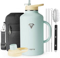 Half Gallon Water Bottle with Handle and Carry Pouch,64 oz Stainless Steel Insulated Jug Flask with Straw Lid Spout Lid,Reusable Metal Water Bottle Mug Tumbler Cup,Keep Cold & Hot,Green