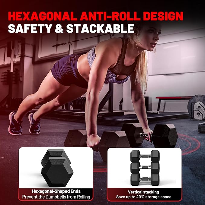 PAPABABE Hex Dumbbell Set 45-550 lb, Rubber Encased Home Gym Dumbbells, Weights Dumbbells for Women & Men, Hand Weight for Strength Training