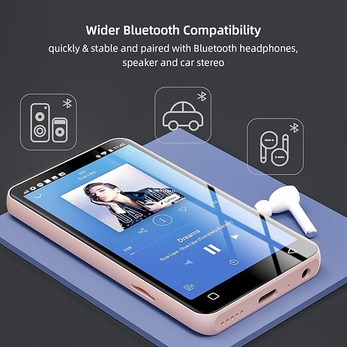 80GB MP3 Player with Bluetooth and WiFi, MP4 MP3 Player with Spotify,Spotify Kids,4" Music Player with Pandora, Audible,Music Player with Speaker (Pink_White)