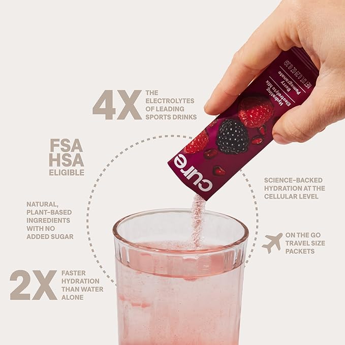 Cure Hydration | Plant-Based Electrolyte Drink Mix | No Added Sugar | FSA-HSA | Dehydration Relief Powder Made with Coconut Water | Non-GMO | Vegan | 28 Servings Jar - Berry Pomegranate