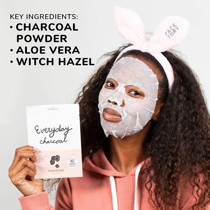 FACETORY K Beauty Face Mask Skin Care - Everyday CHARCOAL Detoxifying Sheet Mask | Plant-Based Charcoal Face Mask (5 Pack)