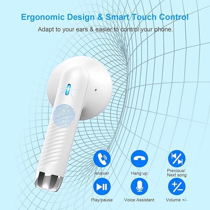 Jxrev Wireless Earbuds, Bluetooth 5.4 Headphones in Ear with Noise Cancelling Mic, Earbuds Stereo Bass, IP7 Waterproof Sports Earphones, 32H Playtime USB C Charging Buds White for Android iOS