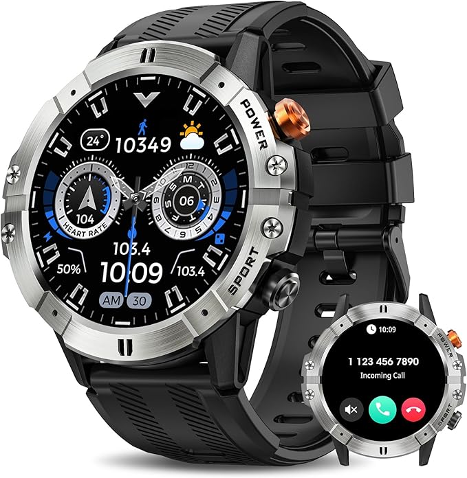 Smart Watches for Men, Bluetooth Call Military Smart Watch, Waterproof Fitness Tracker with Heart Rate/Blood Oxygen/Sleep Monitor/124 Sports Modes, Tactical Watch for Android Phones & iPhone (Silver)