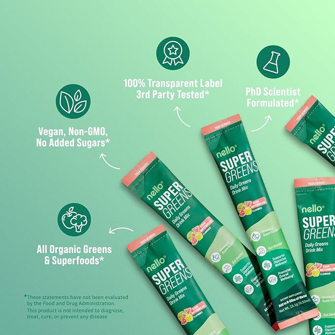 Supergreens Premium Superfood Greens Drink Mix w/Chlorella, Moringa, Spinach & Broccoli + Digestive Enzymes & Probiotic Blend -Nutrient-Packed Powder (Sour Watermelon 20 SRV, Travel Pack)