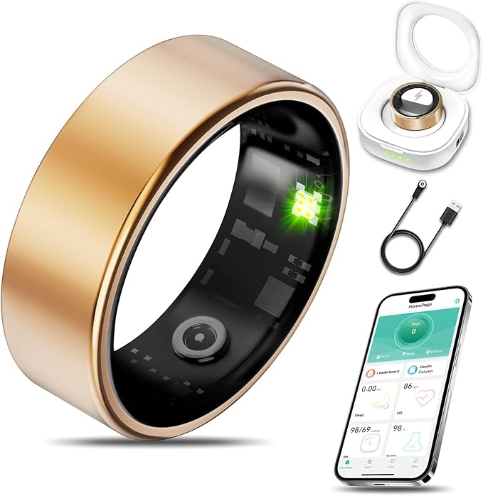 Smart Health Ring for Women Men Fitness Tracker with Heart Rate, Blood Oxygen, Blood Pressure, Sleep Monitoring, Step Counting, IP68 Waterproof for iPhone and Android, No APP Fee, Gold 9#