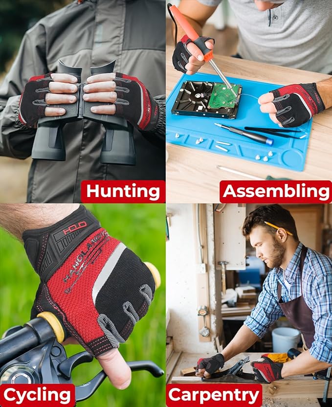 HANDLANDY Fingerless Work Gloves for Men and Women Utility Padded Half Finger Driving Working Gloves (XX-Large, Red)