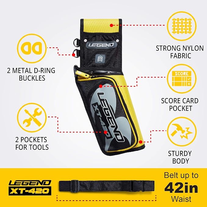 Legend XT420 Field Quiver - Left or Right-Handed Quiver Arrow Holder, Archery Quiver with 3 Arrow Tube, Durable Nylon Hip Quivers with Multiple Pockets for Archery Accessories, Score Card & Tools