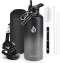 Insulated Water Bottle 87 oz, Triple Wall Vacuum Stainless Steel (Cold for 48 Hrs), Leak Proof & Non-BPA, Modern Water Flask Jug with Paracord Handle & Straw Spout Lids, Dark Grey