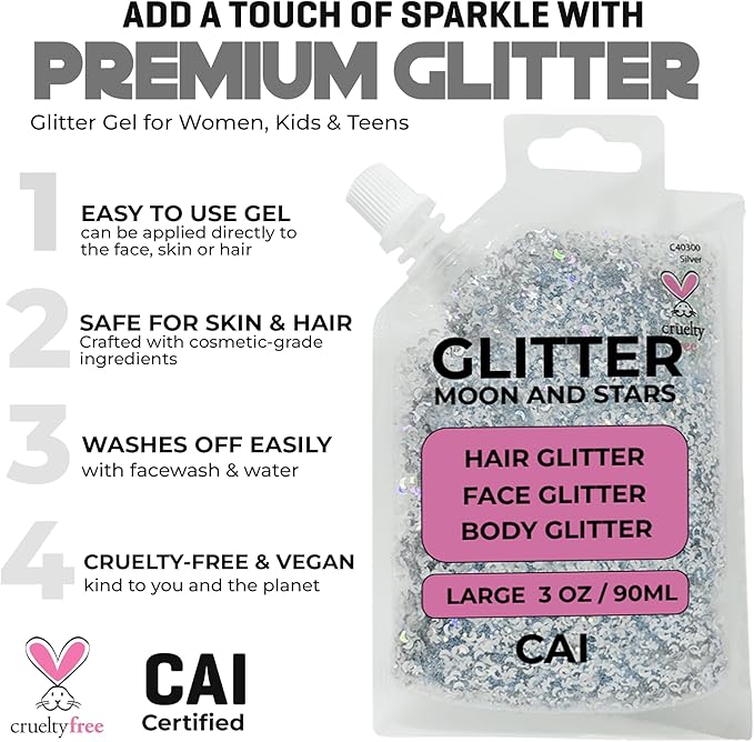 Hair Glitter Gel – Body Glitter for Kids and Women – Iridescent Holograph Cosmetic-Grade Gel w/Moon & Stars for Hair, Body & Face, Applies Smoothly w/o Glue & Washes Off Easily, 3 Oz - Rose 1Pack