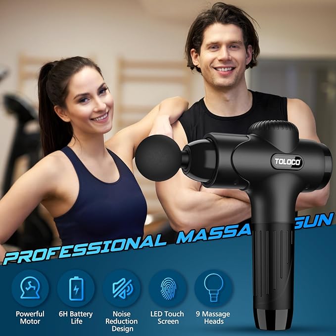 TOLOCO Massage Gun Deep Tissue, Percussion Massage Gun with 10 Replacement Heads, Super Quiet Portable Electric Massager for Athletes, Relax, Black