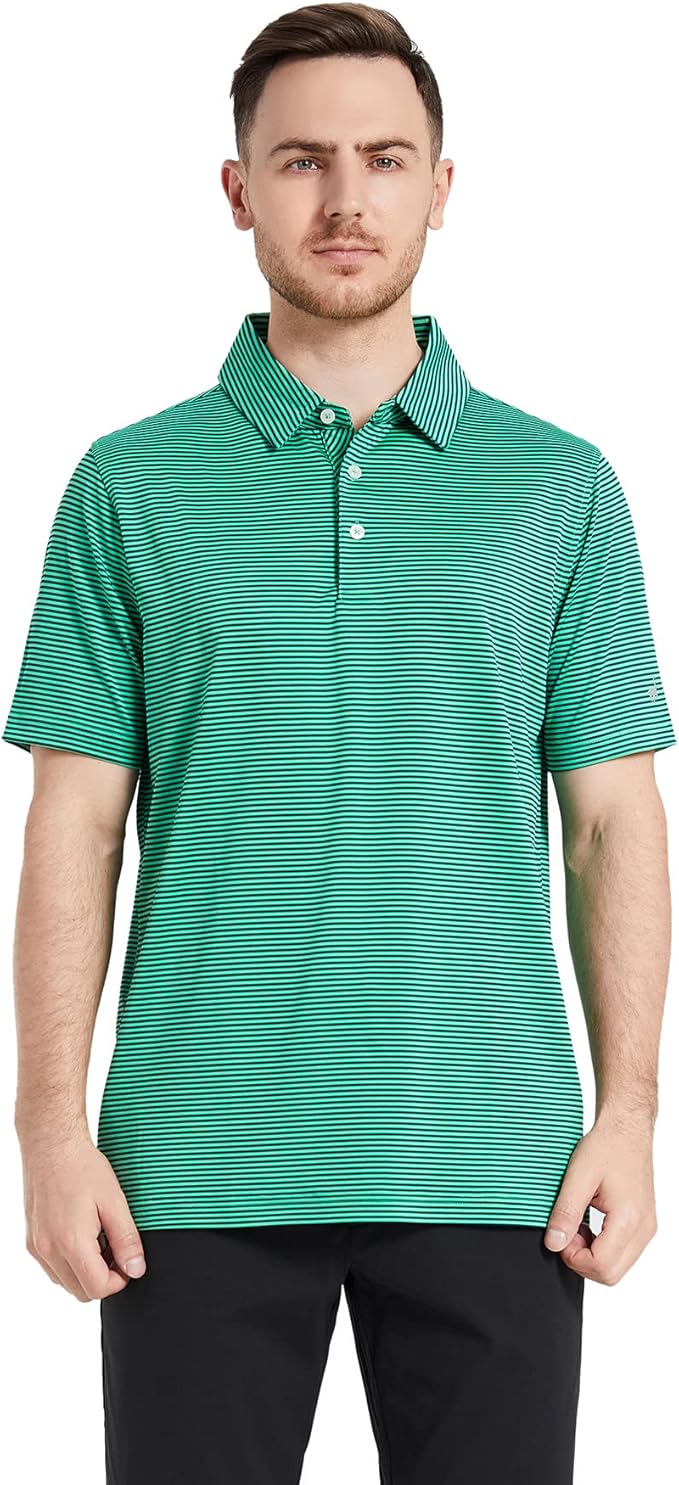 Men's Golf Polo Shirts Short Sleeve Striped Performance Moisture Wicking Dry Fit Golf Shirts for Men