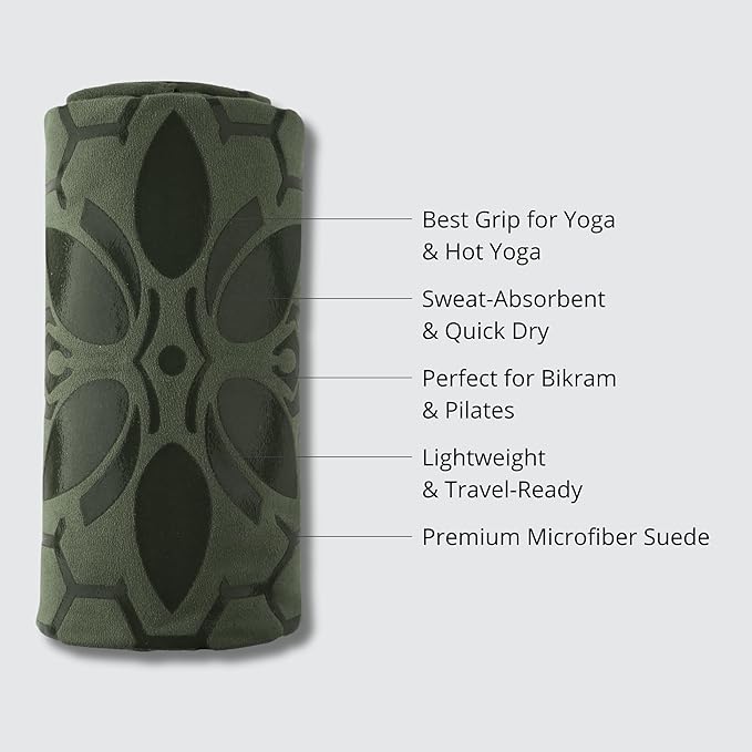 Clever Yoga Non-Slip Hot Yoga Towel – Non-Slip Grip for Hot Yoga, Sweat Absorbent, Honeycomb Silicone Grip, Stays Flat – Ideal for Pilates, Travel, Washable & Lightweight - Olive