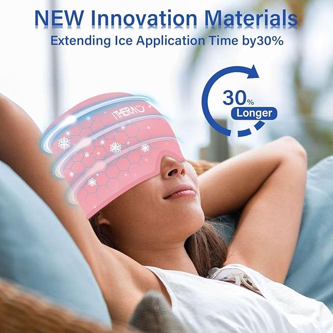 Migraine Relief Cap, Migraine Ice Head Wrap, Headache Ice Hat, Cold Therapy Headache Relief Cap for Migraine Eyes Mask Pink Headache Ice Pack for Puffy Eyes, Tension, Sinus & Stress Relief