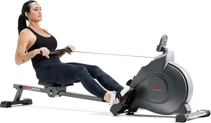 Sunny Health & Fitness Flip & Foldable Rowing Machine for Home w/Extended Slide Rail, Full-Body Workout, Low-Impact, Optional Extra Long Rail, Quiet Rail Cover, Water Motion and Free SunnyFit App