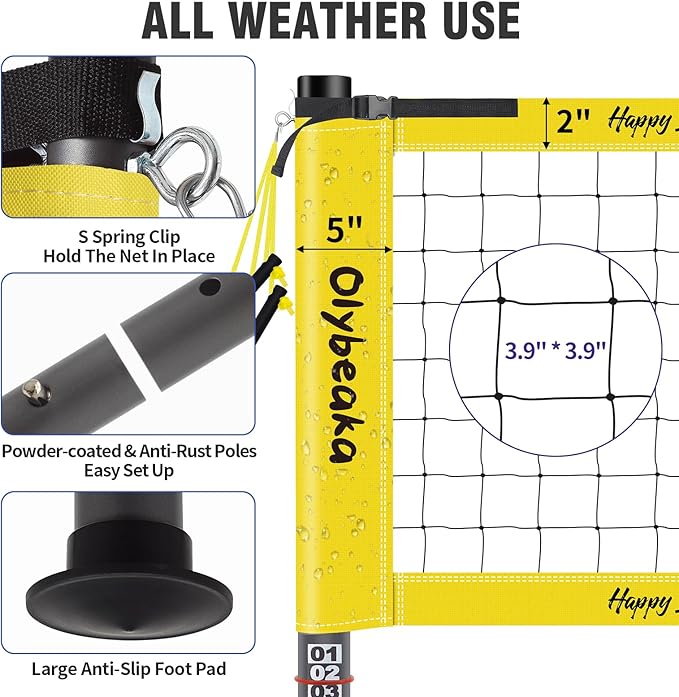 Portable Outdoor Volleyball Net Set System for Backyard Beach with Heavy Duty Poles, Durable Net, PU Volleyball & Pump, Carry Bag