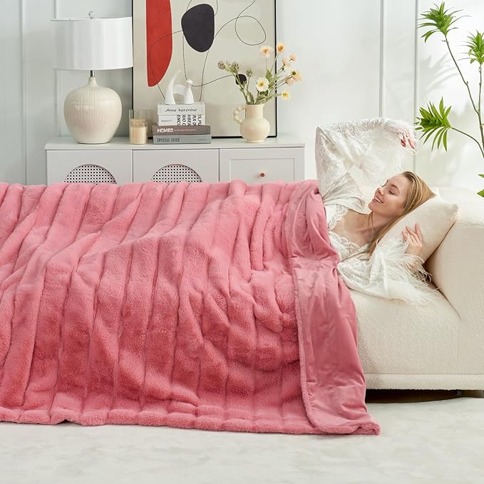 Cozy Bliss Faux Fur Throw Blanket for Couch, Cozy Warm Plush Striped Blanket for Sofa Bedroom Living Room, 90 * 90 Inches Hot Pink