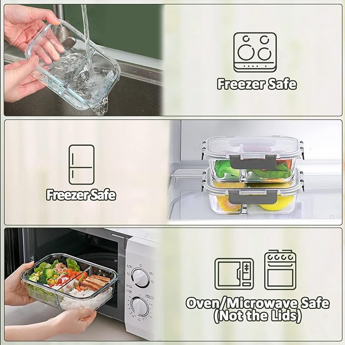[5-Pack,36 Oz]Glass Meal Prep Containers 2 Compartments Portion Control with Upgraded Snap Locking Lids Glass Food Storage Containers, Microwave, Oven, Freezer and Dishwasher (4.5 Cups)