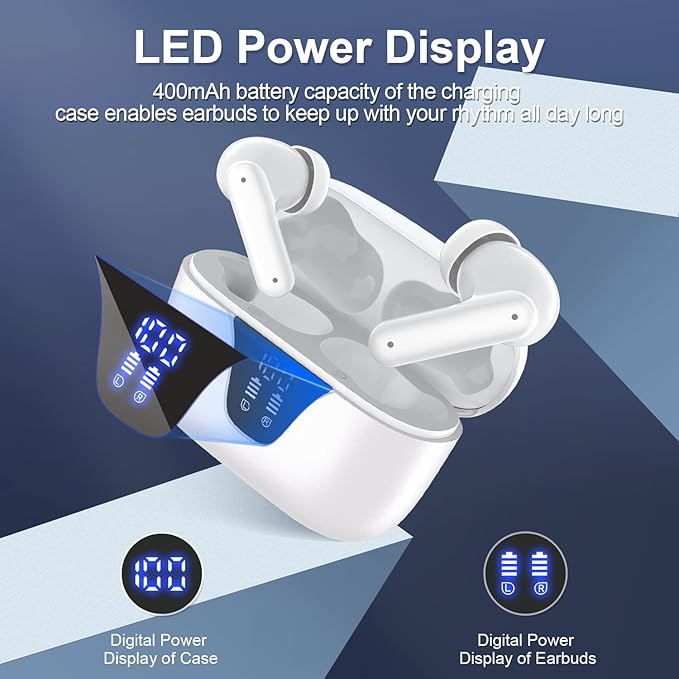 ZIUTY Wireless Earbuds Bluetooth Headphones, 50H Playtime Ear Buds with Mic, LED Digital Display Charging Case, IPX7 Waterproof, Deep Bass Stereo, in-Ear Earphone for iPhone Andriod Phone