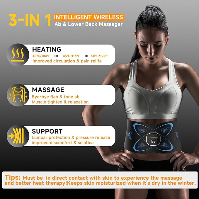 FDA Cleared - Heated EMS Abs Stimulator Abdominal , Ab Stimulator Muscle Toner with Heat for Belly Fat loss, ab belt muscle stimullator for Stomach Smooth & Firming, Fitness Workout for Home/Gym Use