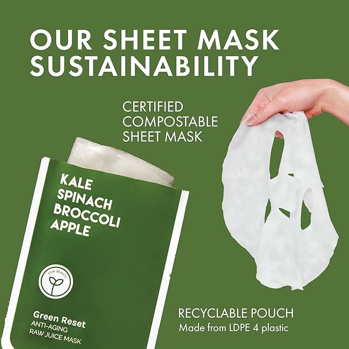 ESW Beauty Green Reset - Anti-Aging Raw Juice Face Mask - Revitalizing with Kale, Spinach, Broccoli & Apple for Mature Skin - Boosts Collagen & Reduces Wrinkles