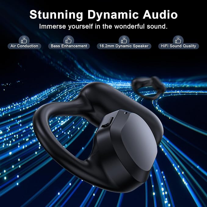 Open Ear Headphones, Open Ear Earbuds, IPX7 Waterproof, Bluetooth 5.3 True Wireless Sports Over Ear Earbuds with Earhooks, Built-in Mic, Crystal-Clear Calls for Running Workout Cycling Driving
