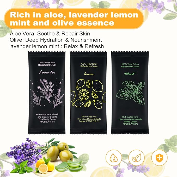 Moist Cotton Towel Bulk Moist Towelettes Individually Wrapped 8.7" x 8.7",White Towel Services,Refreshment Pre Moistened Towels Lavender, Lemon and Mint for Sport Party Spa （pack of 60)