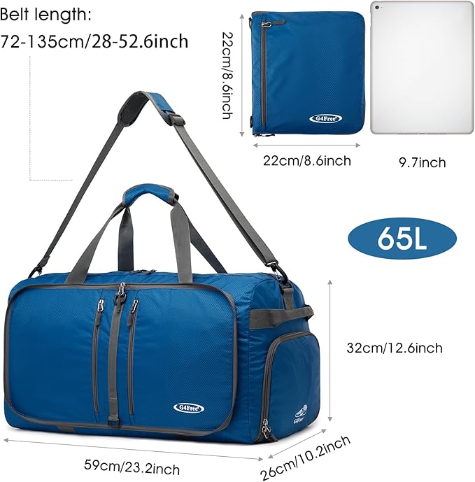 G4Free 40L/65L Foldable Duffel Bag, Water-Repellent Travel Backpack, Lightweight Carry Bag for Overnight Weekender Sports Men Women