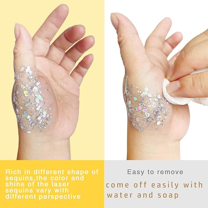 MEICOLY Silver Body Glitter,Chunky Silver Face Hair Glitter,Silver Glitter Makeup for Eyes,Sparkle Face Paint for Women and Kids,Music Festival Party Accessories
