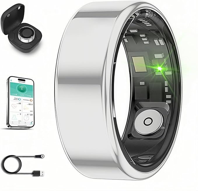 Smart Ring for Men Women with Black Charging Box, Bluetooth, Health Ring , IP68 Waterproof, Fitness Ring Tracks Heart Rate/Sleep/Steps/Sports Activities/Blood Oxygen,non-subscription app (Silver, 7)