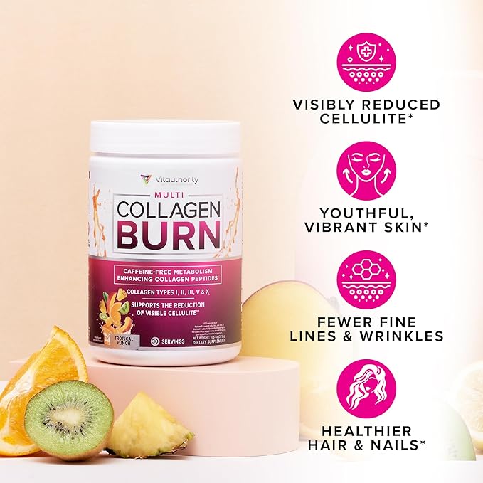 Multi Collagen Burn: MultiType Hydrolyzed Protein Peptides with Hyaluronic Acid, Vitamin C, SOD B Dimpless, Types I, II, III, V and X, with Caffeine 30 Servings Tropical Punch Flavored