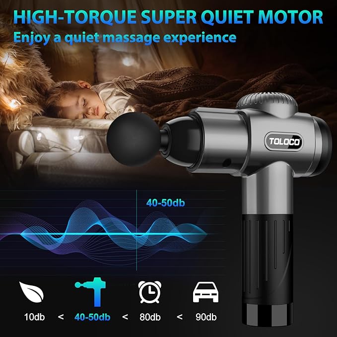 TOLOCO Massage Gun, Deep Tissue Back Massager for Athletes with 10 Massage Heads, Electric Muscle Percussion Massager for Any Pain Relief, FSA and HSA Eligible, Gifts for Fathers Day, Grey